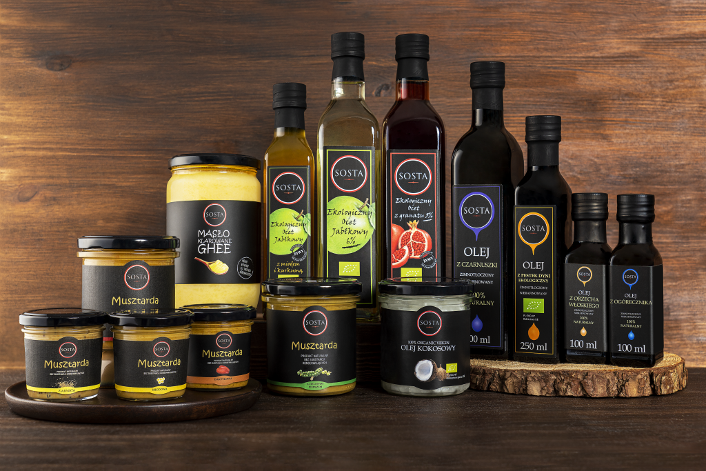 Produkty Sosta: musztardy, oleje, masło klarowane Ghee